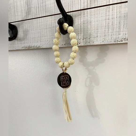 Brand New~ MAMA Wooden Beaded Tassel Key Chain in Cream 💗 - Picture 2 of 7